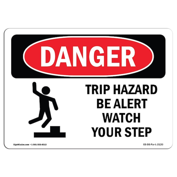OSHA Sign, Trip Hazard Alert Watch Your Step, 5in X 3.5in Decal, 10PK, 5" W, 3.5" H, Landscape, PK10
